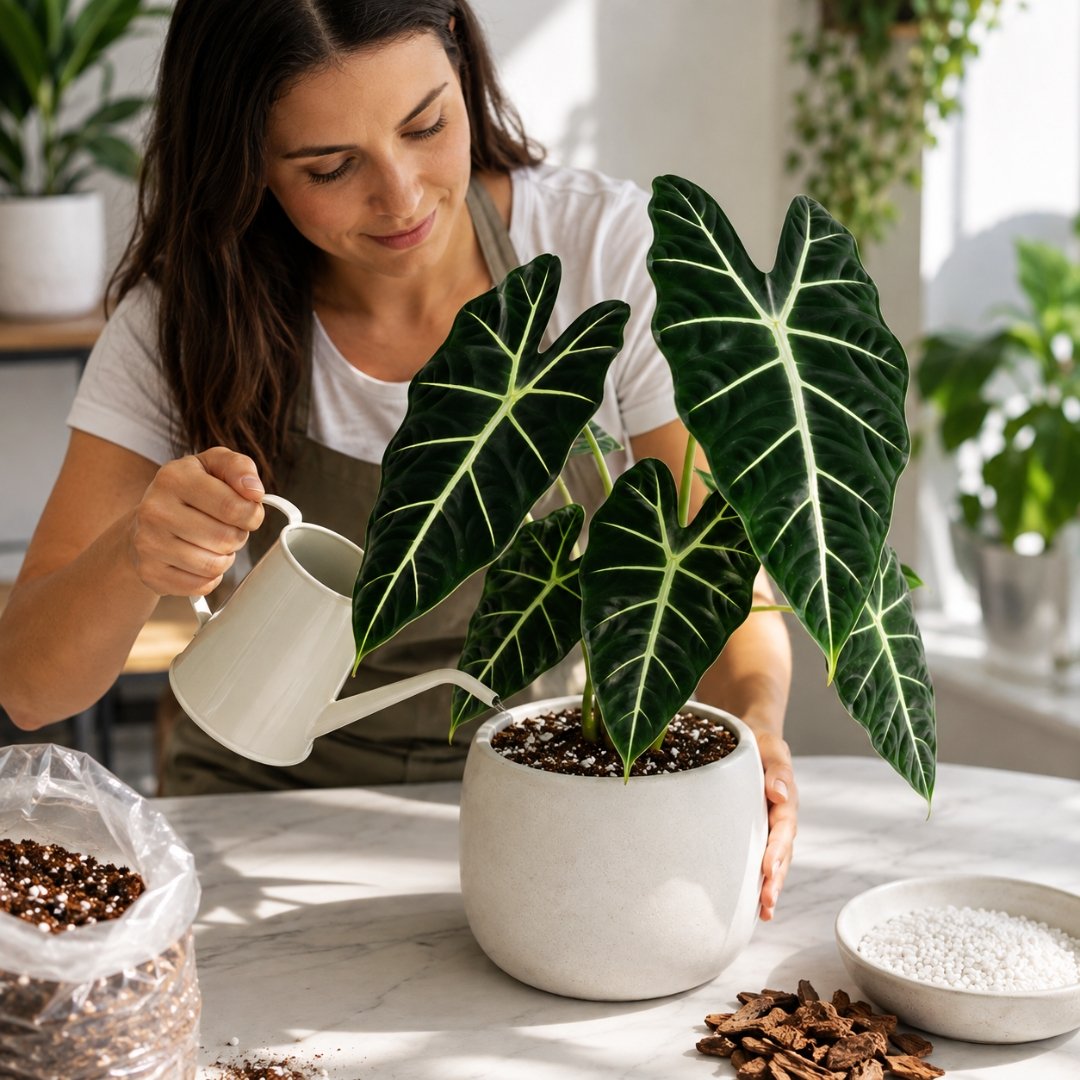 Pessoa realizando a rega e os cuidados com uma Alocasia Frydek cultivada em vaso cerâmico, utilizando substrato bem drenado em ambiente interno com luz indireta.