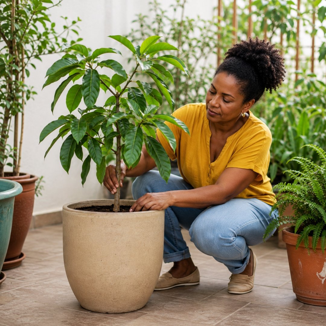 Mulher cuidando de abacateiro cultivado em vaso em ambiente residencial