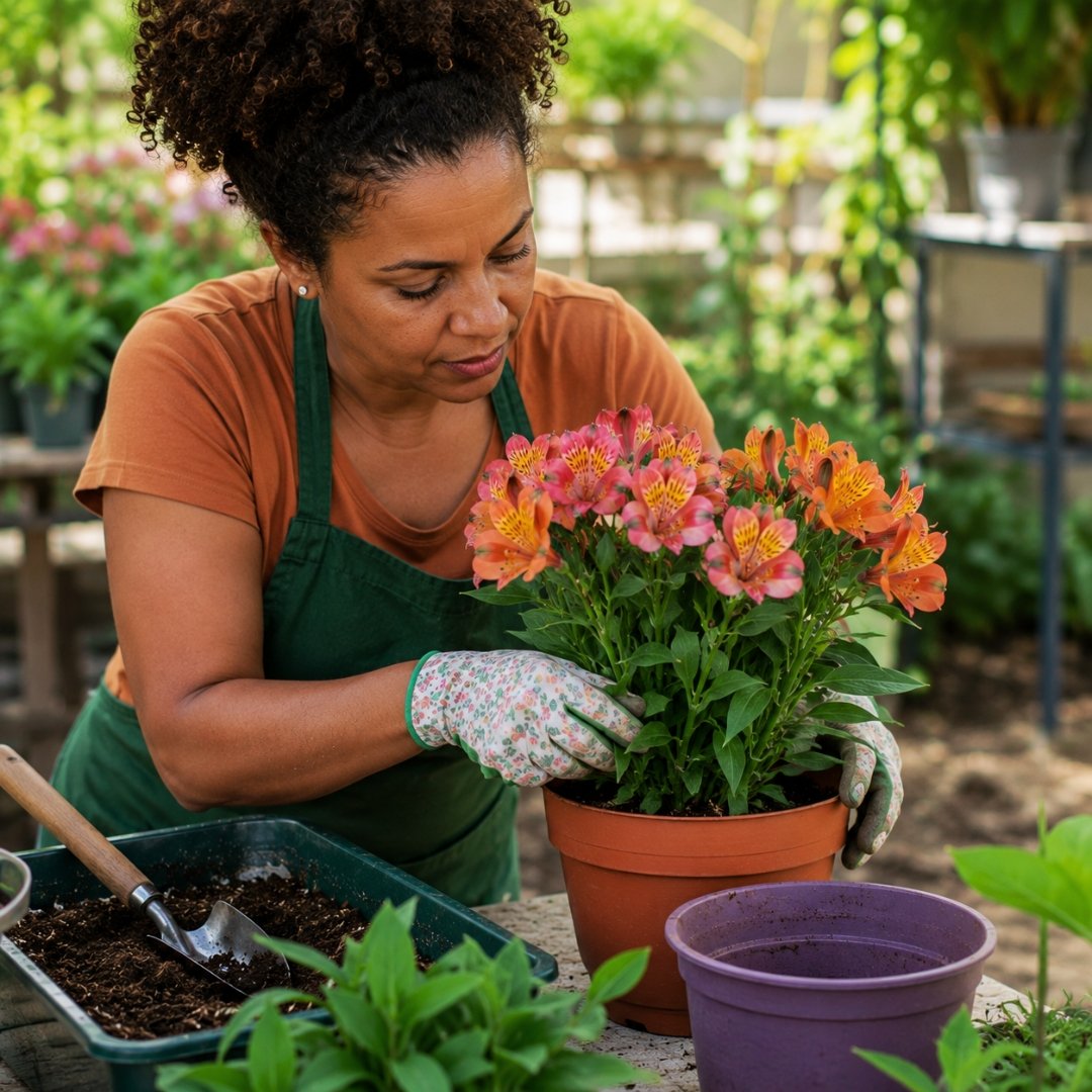 Mulher negra cuidando de astromélia florida em vaso durante o cultivo