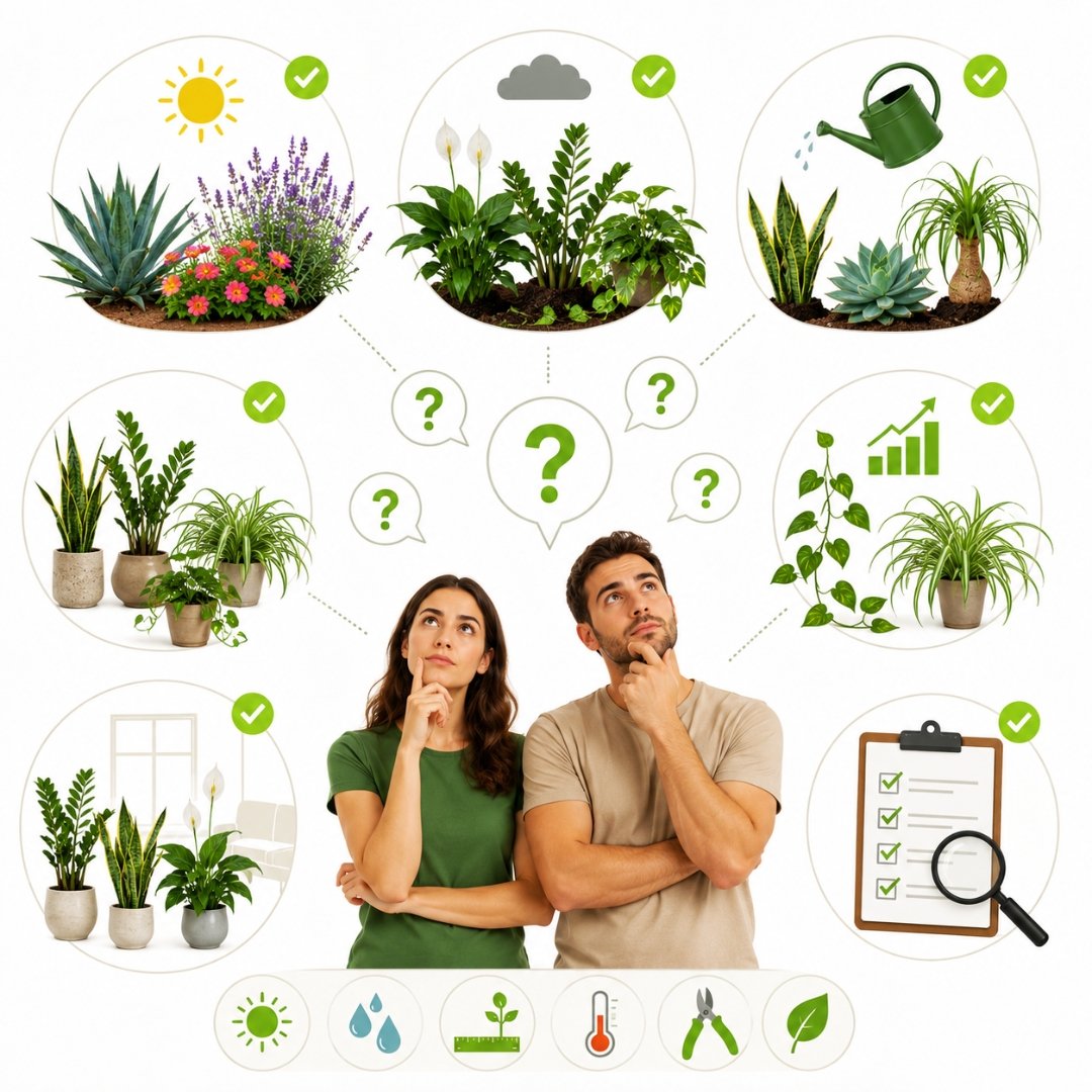 Ilustração de plantas para sol, sombra, vasos e diferentes necessidades de cultivo