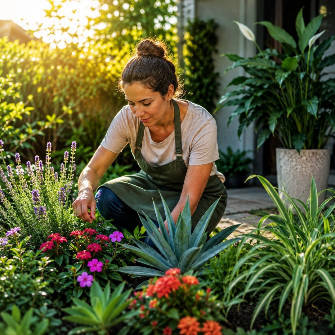 Mulher cuidando de plantas em um jardim com diferentes condições de luminosidade