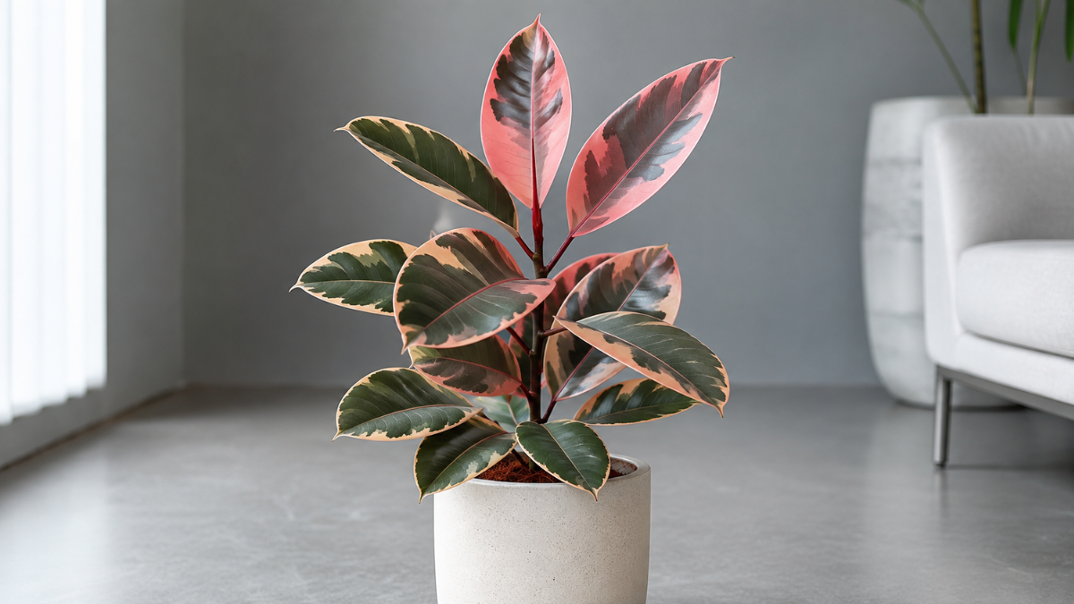 Ficus Elastica Ruby com folhas variegadas em verde, creme e rosa em ambiente interno iluminado