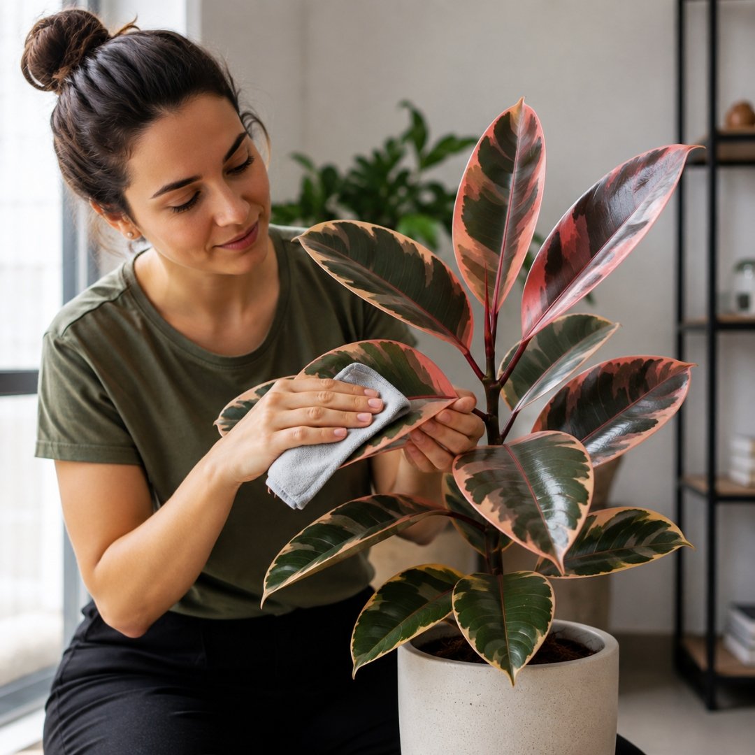 Mulher limpando as folhas de um Ficus Elastica Ruby com pano macio e úmido