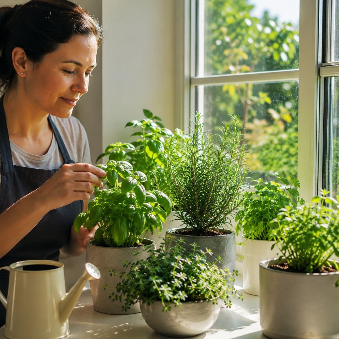 Pessoa cuidando de ervas aromáticas cultivadas em vasos junto a uma janela iluminada