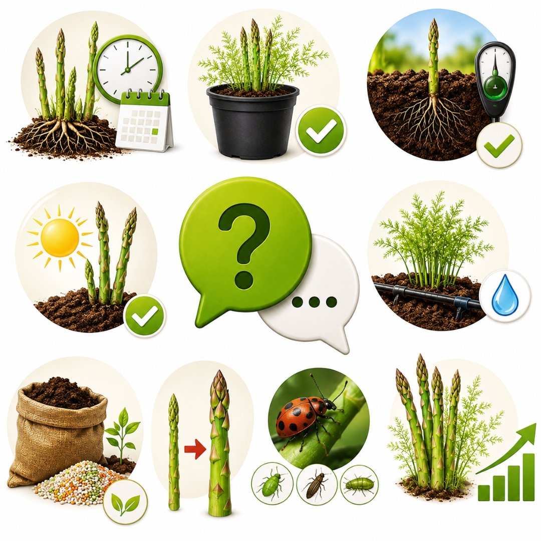 Ilustrações sobre cultivo, solo, irrigação, adubação, colheita e pragas do aspargo