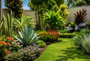 Jardim residencial com plantas ornamentais, flores e folhagens variadas