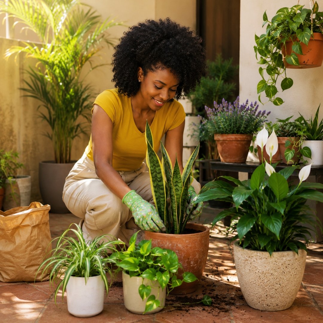 Mulher cuidando de espada-de-São-Jorge cultivada em vaso