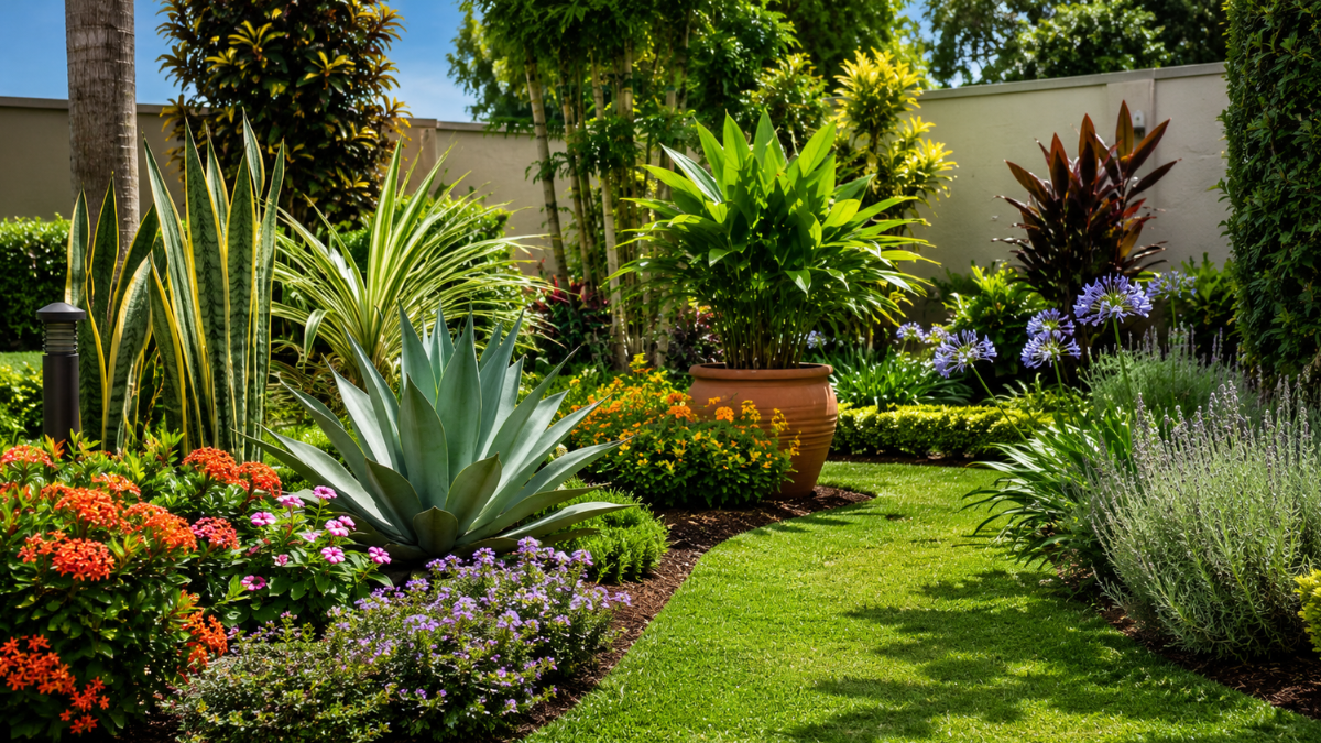 Jardim residencial com plantas ornamentais, flores e folhagens variadas