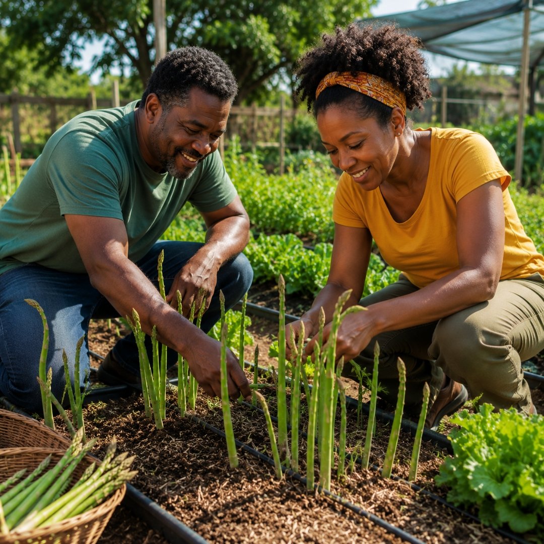 Casal observando plantas de aspargo em horta cultivada sob irrigação