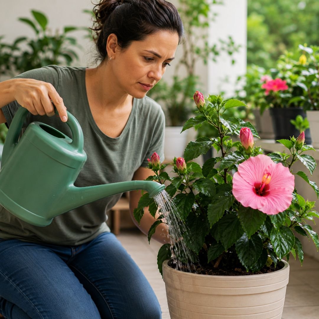 Mulher regando hibisco com botões florais durante a pré-floração