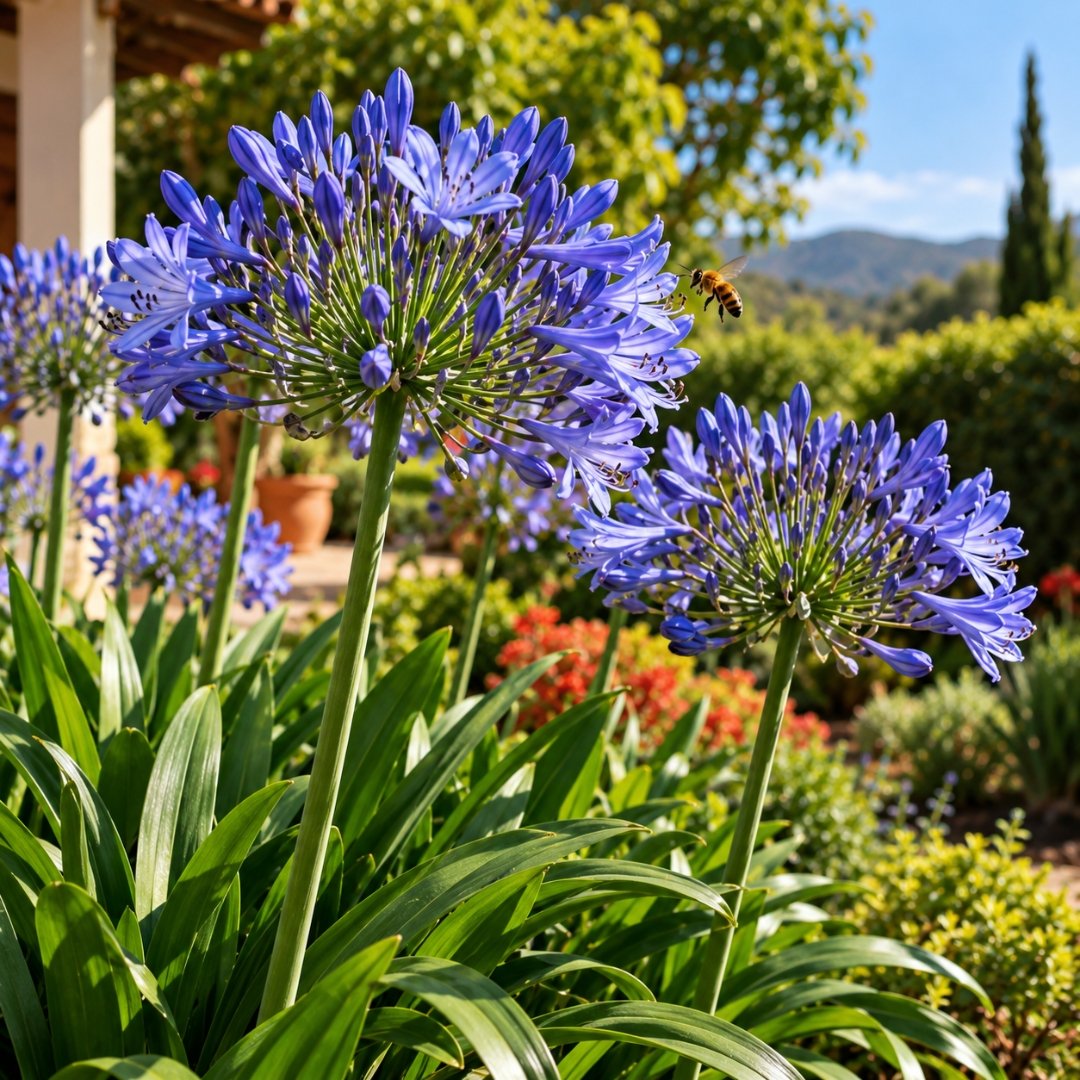 Agapanto Agapanthus africanus com flores azul-violetas e abelha em jardim ensolarado