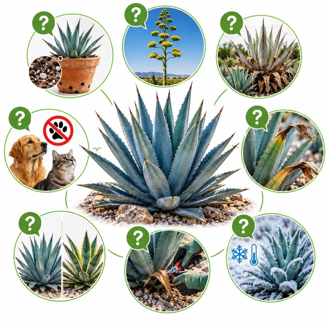 Infográfico ilustrado com cuidados, floração, segurança, poda e cultivo da Agave-Azul