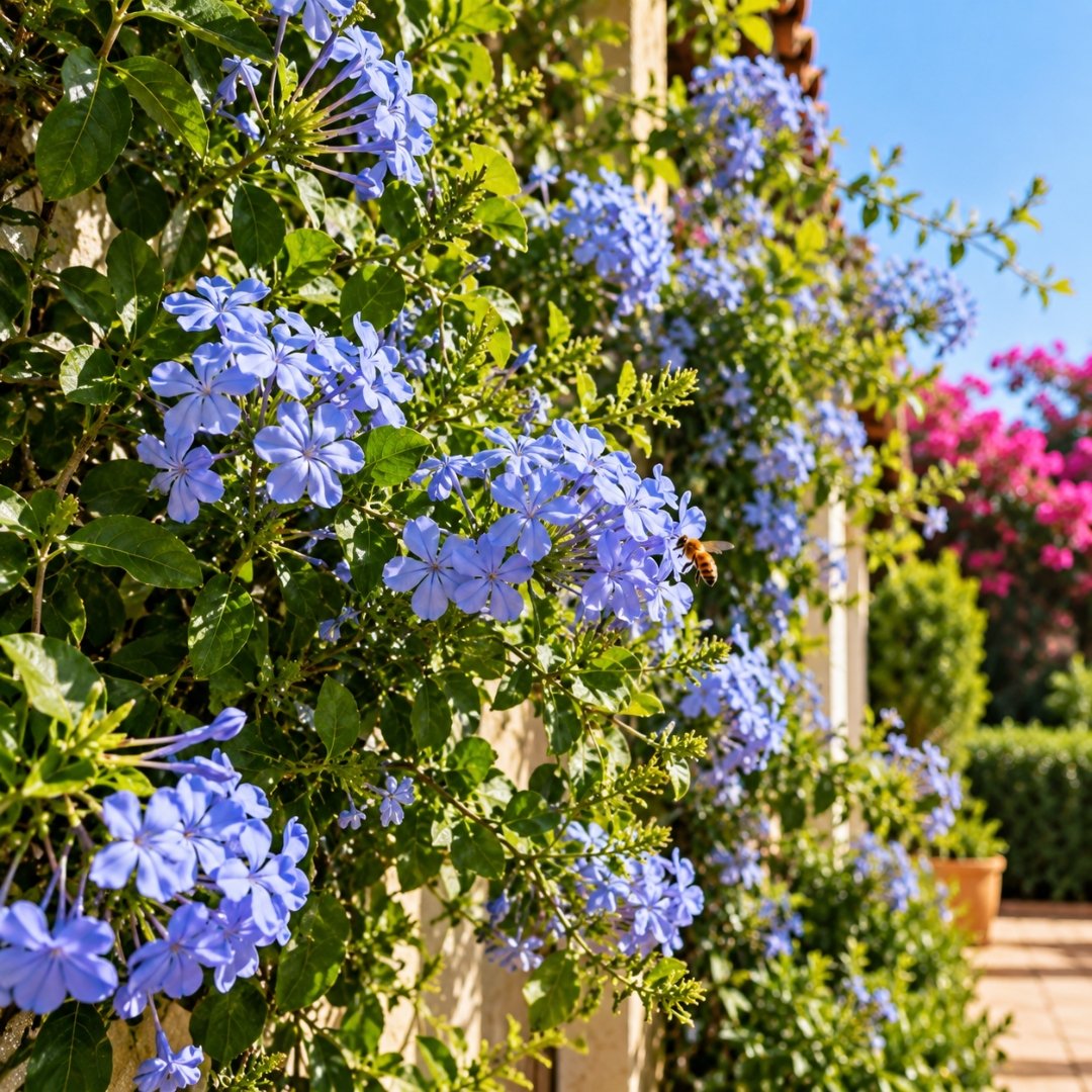 Bela-emília Plumbago auriculata com flores azuladas e abelha em jardim