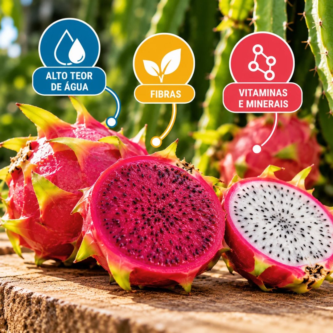 Pitayas maduras com elementos gráficos sobre água, fibras, vitaminas e minerais