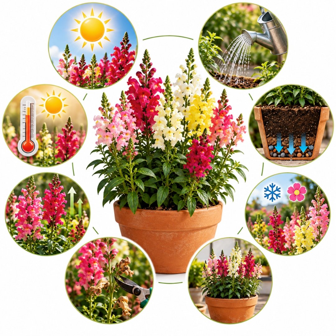 Infográfico ilustrado com cuidados para cultivar boca-de-leão
