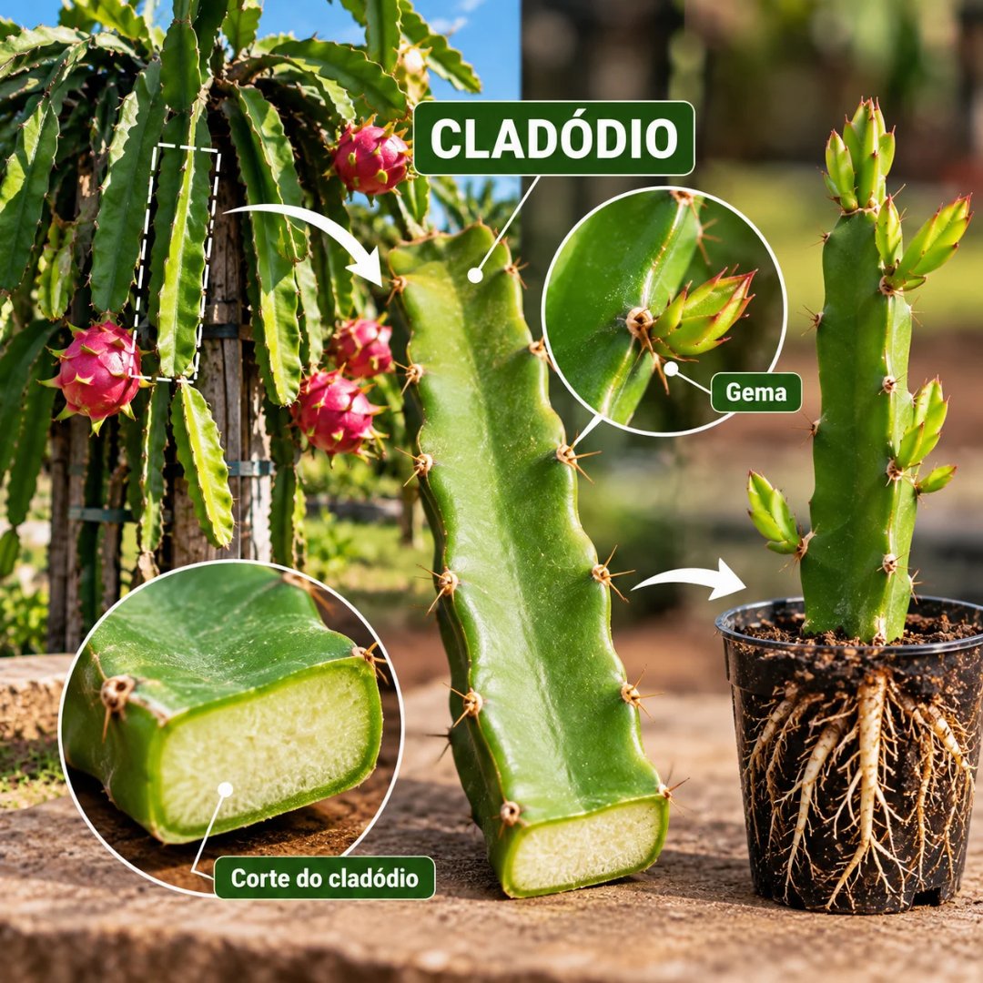 Cladódio de pitaya destacado na planta-mãe com gema, corte e raízes