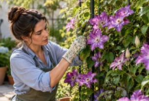 Clematis com flores roxas em jardim ensolarado sendo conduzida em suporte por uma jardineira