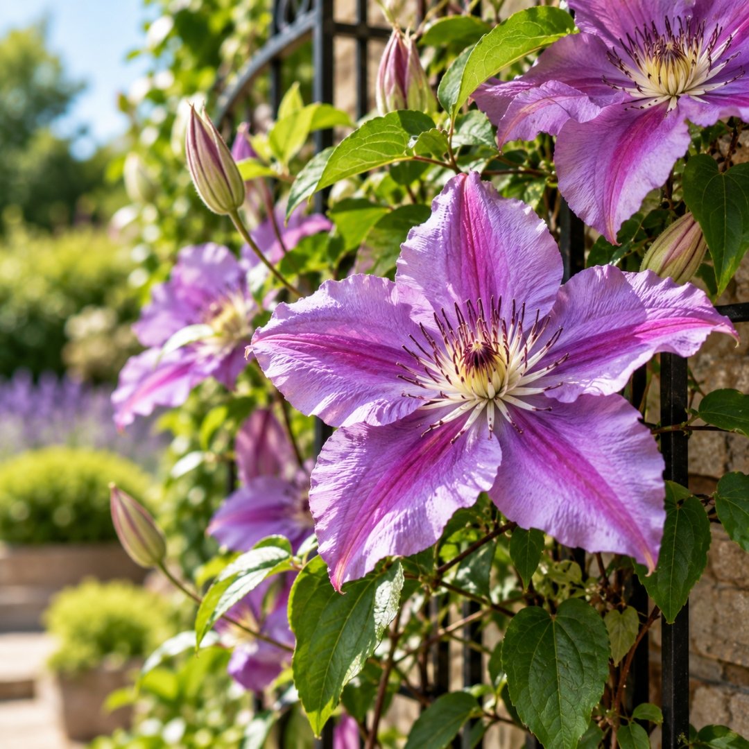 Flores grandes de Clematis × hybrida em trepadeira com folhas verdes