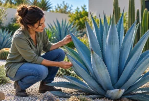 Agave-Azul (Agave tequilana) em jardim ensolarado, sendo observada por uma pessoa durante o cultivo