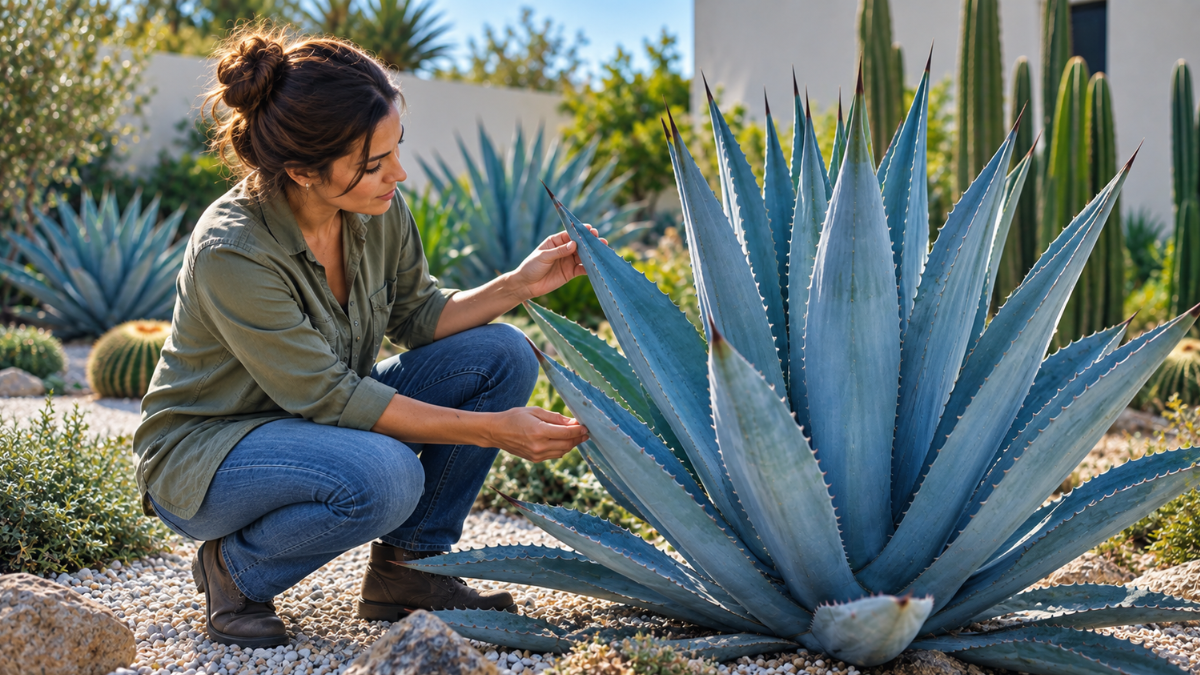 Agave-Azul (Agave tequilana) em jardim ensolarado, sendo observada por uma pessoa durante o cultivo