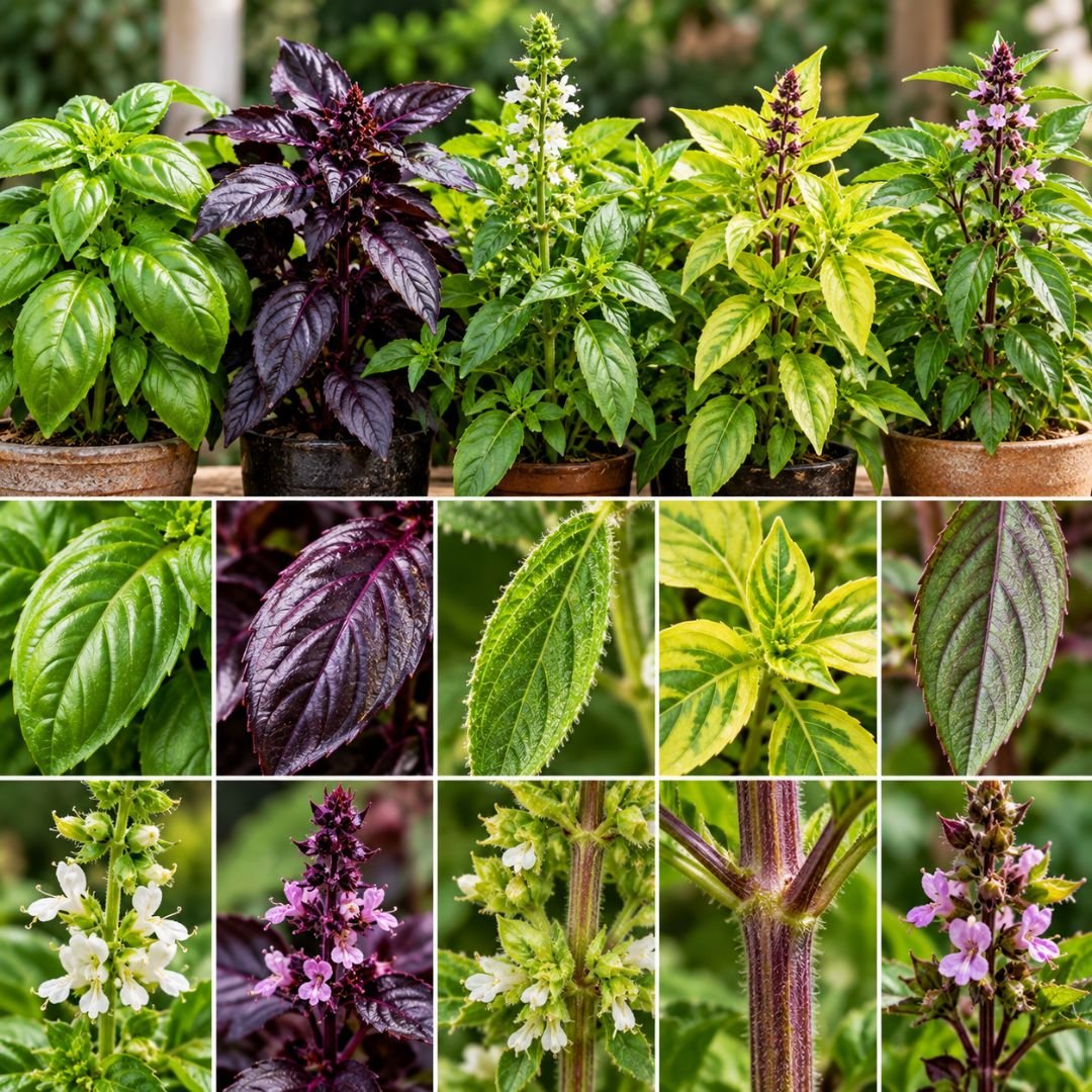 Diferentes tipos de manjericão mostrando variações nas folhas, caules, flores e porte