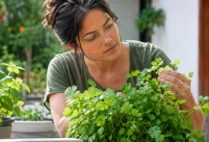 Mulher cultivando coentro em vaso em um ambiente doméstico bem iluminado