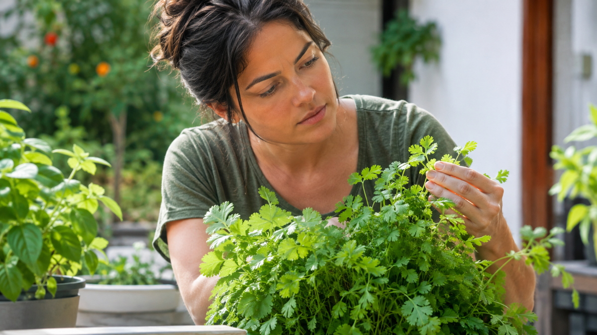Mulher cultivando coentro em vaso em um ambiente doméstico bem iluminado