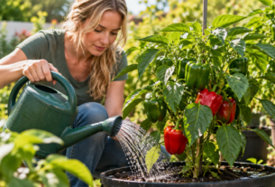 Mulher regando uma planta de pimentão cultivada em vaso, com frutos verdes e vermelhos em um jardim ensolarado