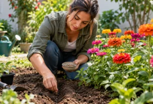 Mulher plantando zínia Zinnia elegans diretamente no solo do jardim
