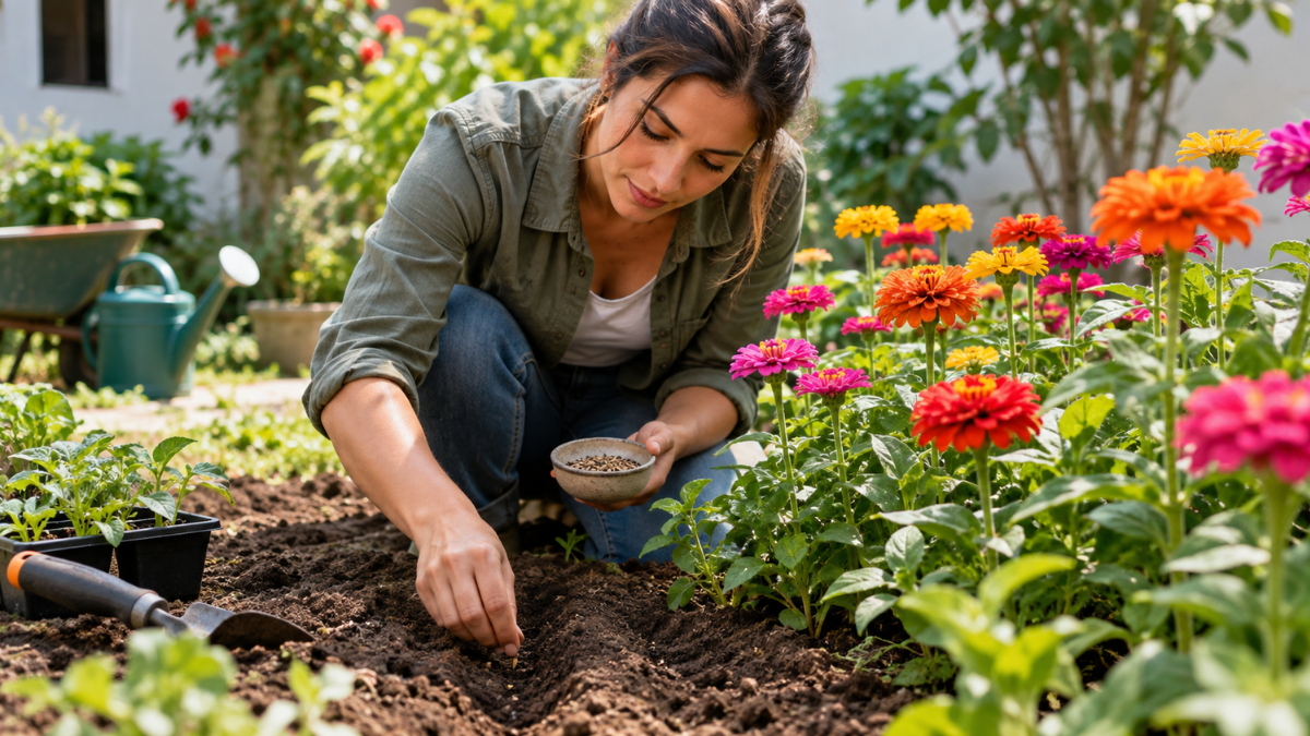 Mulher plantando zínia Zinnia elegans diretamente no solo do jardim