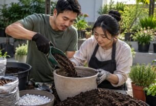 Casal preparando o solo para vasos e canteiros em área de jardinagem