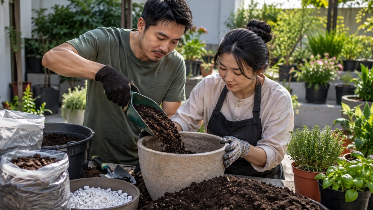 Casal preparando o solo para vasos e canteiros em área de jardinagem