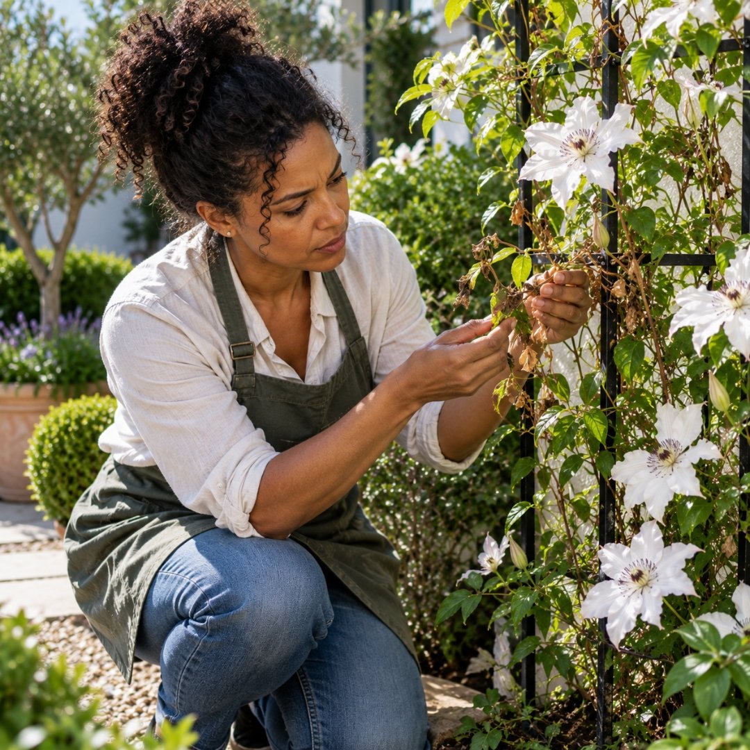 Mulher examinando cuidadosamente os ramos de uma Clematis com flores brancas