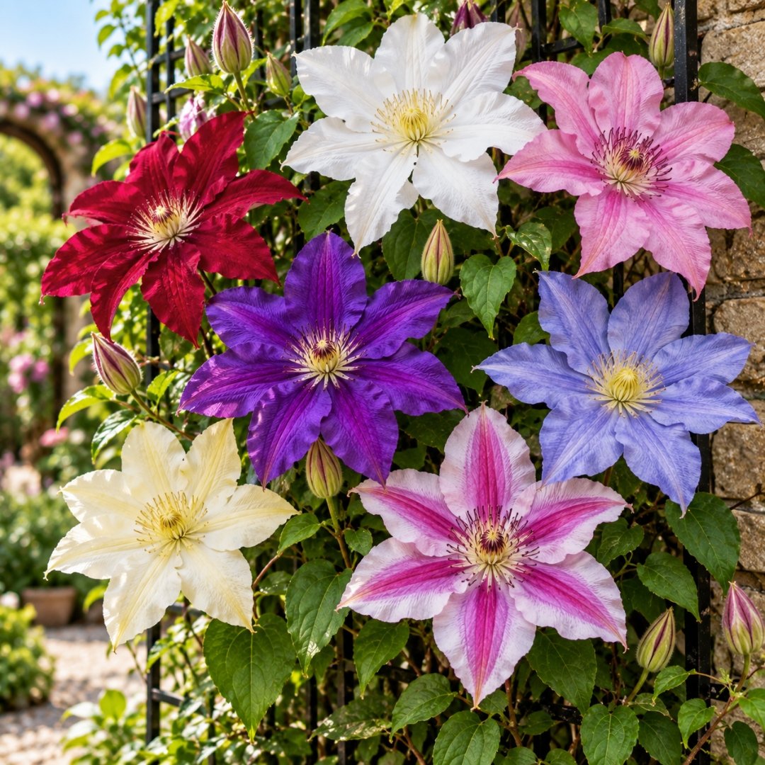 Flores de Clematis em diferentes cores como branco, rosa, vermelho, roxo e azul