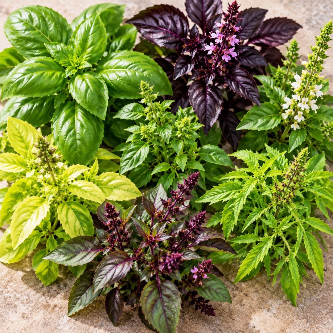 Diferentes tipos de manjericão com variações de folhas, cores, flores e características morfológicas