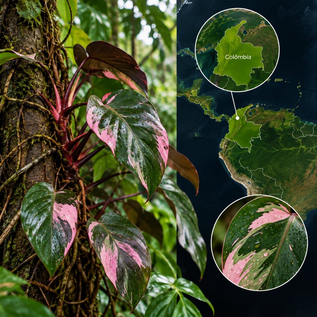 Philodendron erubescens em floresta tropical com mapa destacando sua origem na Colômbia