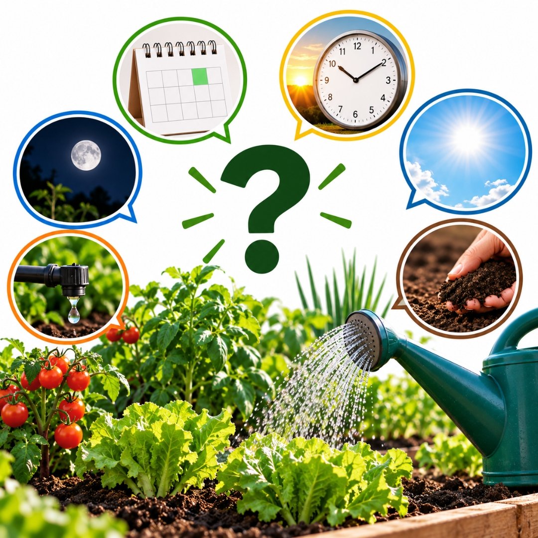 Horta com regador e elementos que representam dúvidas sobre irrigação
