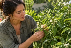Mulher identifica folhas e flores da erva-baleeira em um jardim
