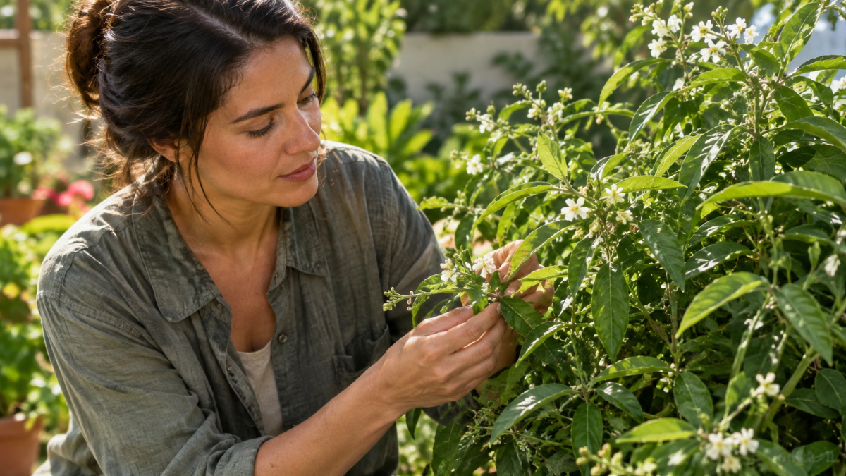 Mulher identifica folhas e flores da erva-baleeira em um jardim