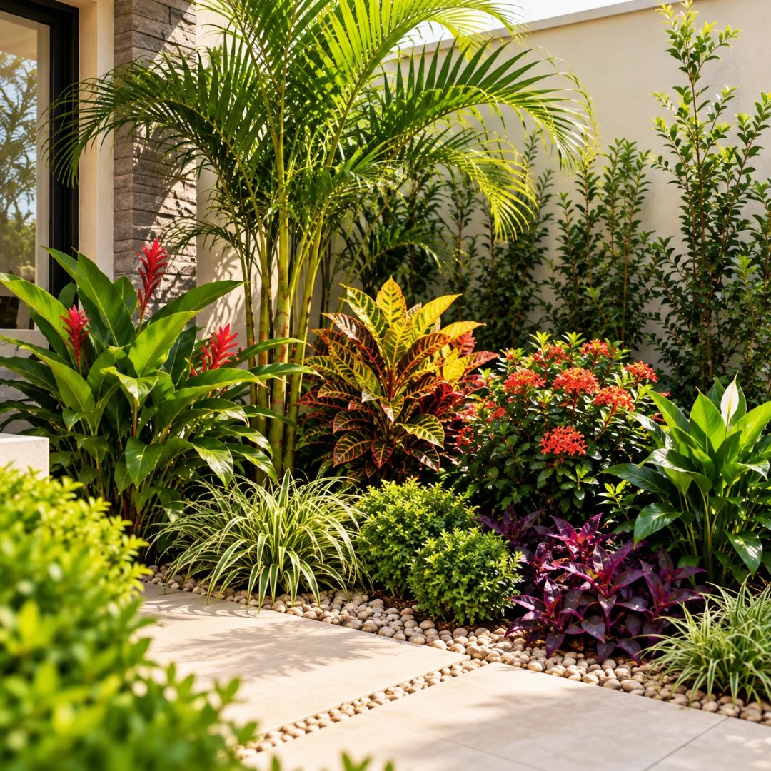 Plantas ornamentais de diferentes portes em jardim pequeno planejado