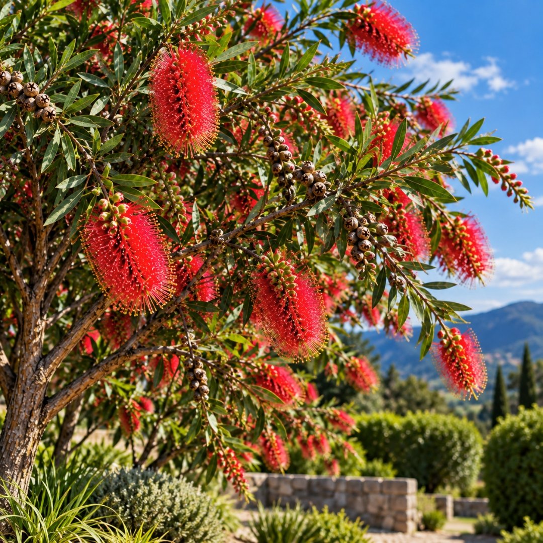 Escova-de-garrafa Callistemon spp. em floração com inflorescências vermelhas, folhas estreitas e cápsulas nos ramos