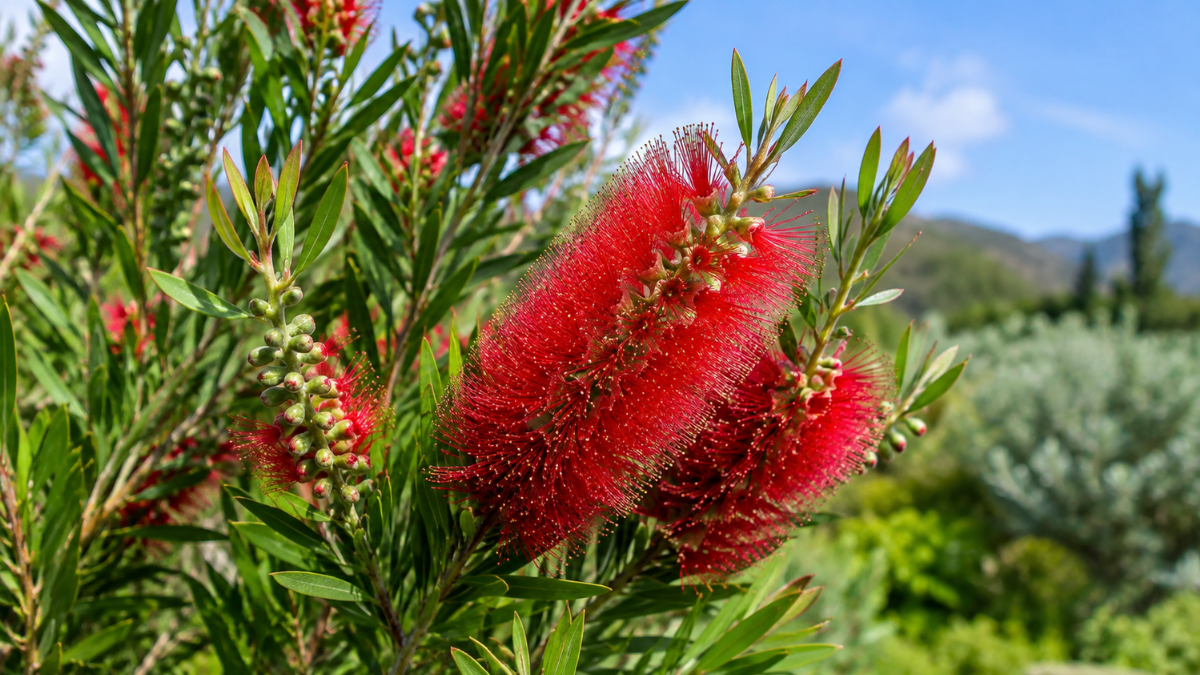Escova-de-garrafa Callistemon spp. com flores vermelhas e folhas estreitas em ambiente natural