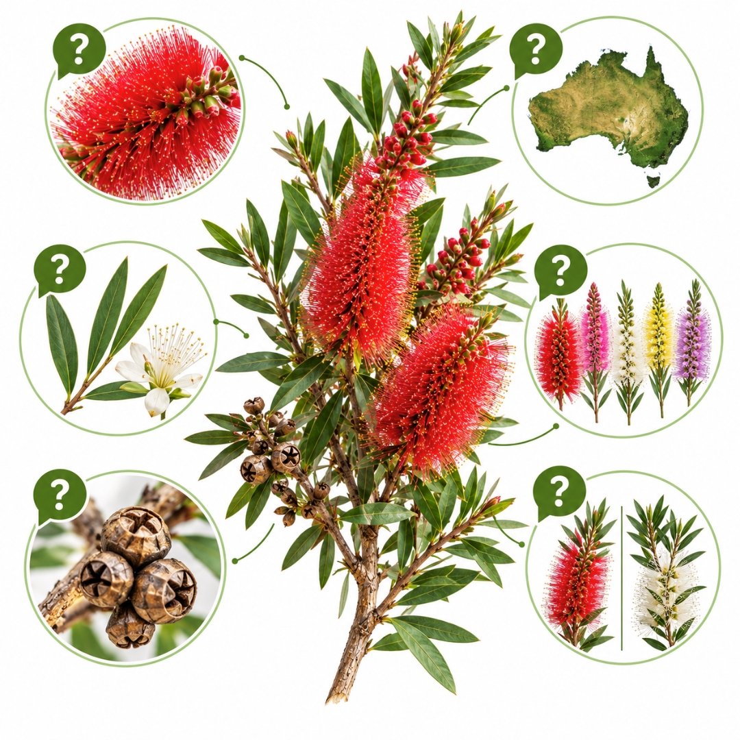 Ilustração botânica da escova-de-garrafa Callistemon spp. com flores, folhas, frutos e elementos de identificação