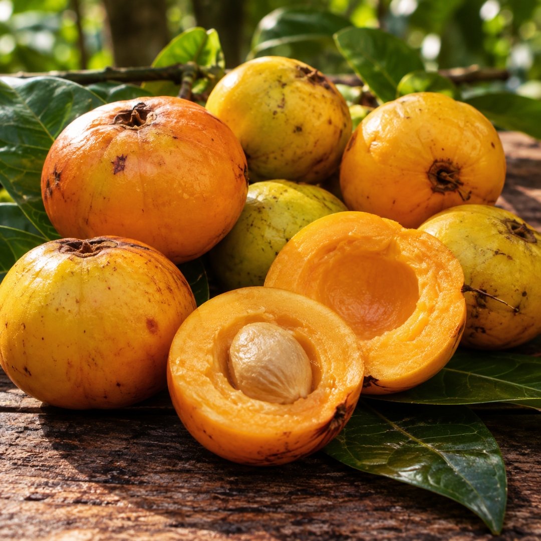 Frutos do cambucá inteiros e cortados ao meio mostrando a polpa e a semente