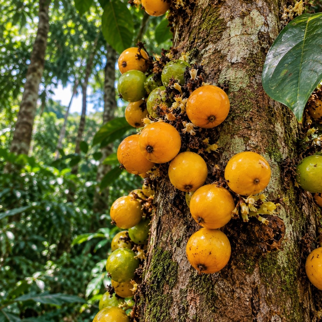Frutos do cambucá Plinia edulis crescendo diretamente no tronco da árvore