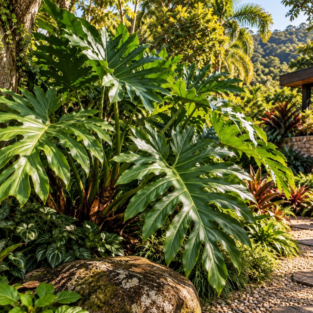 Guaimbê com folhas grandes e recortadas em jardim naturalista
