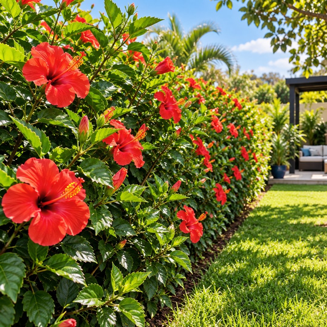 Hibisco com flores vermelhas formando cerca viva em jardim residencial