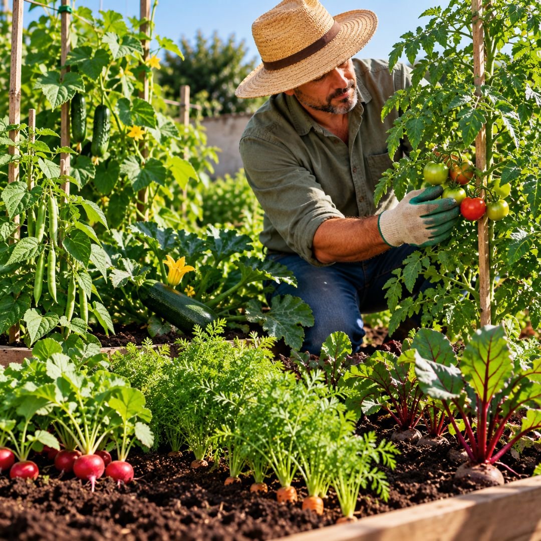 Produtor realizando manejo em horta com tomate, pepino, abobrinha, feijão-vagem, rabanete, cenoura e beterraba