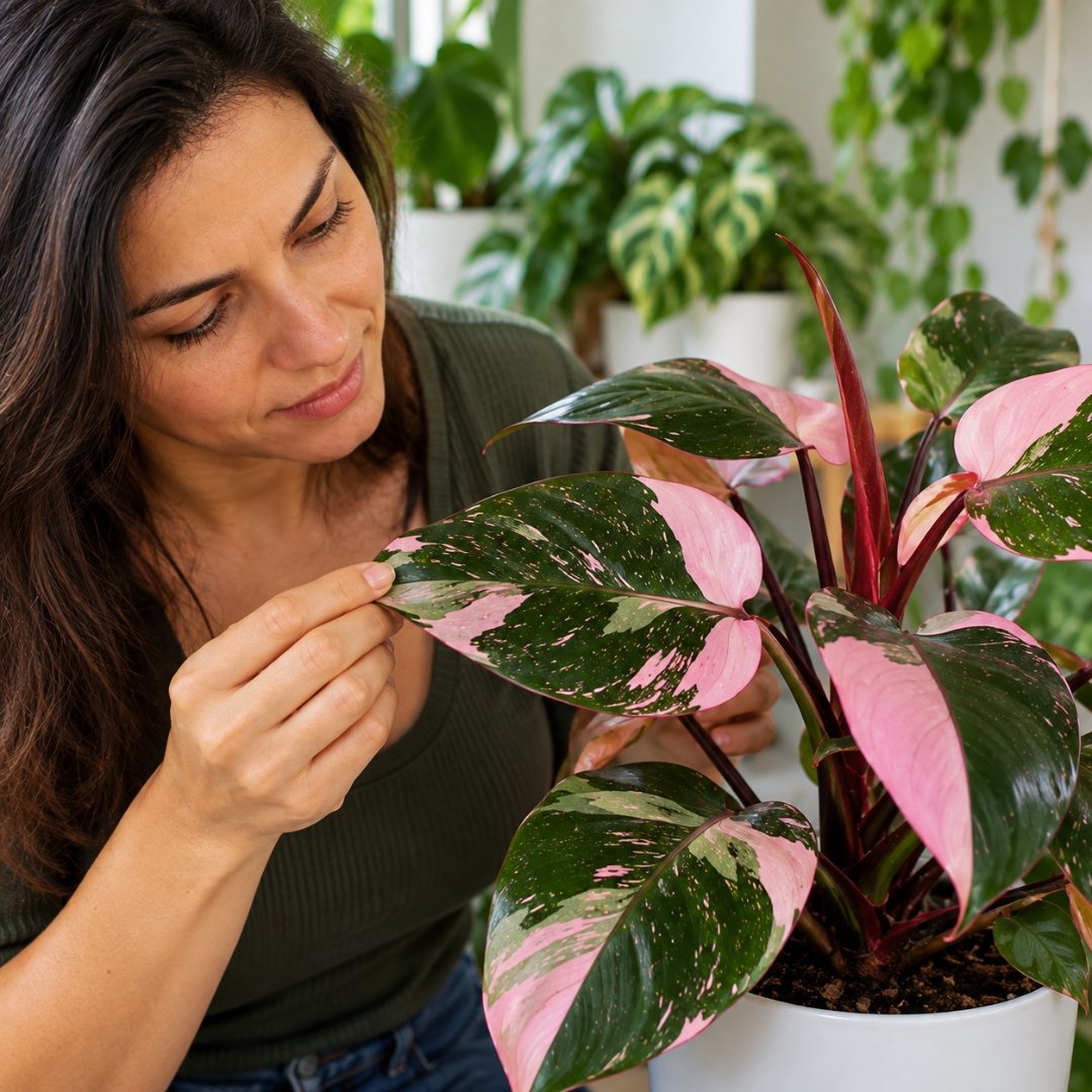 Pessoa observando folha de Philodendron Pink Princess com variegação rosa e verde