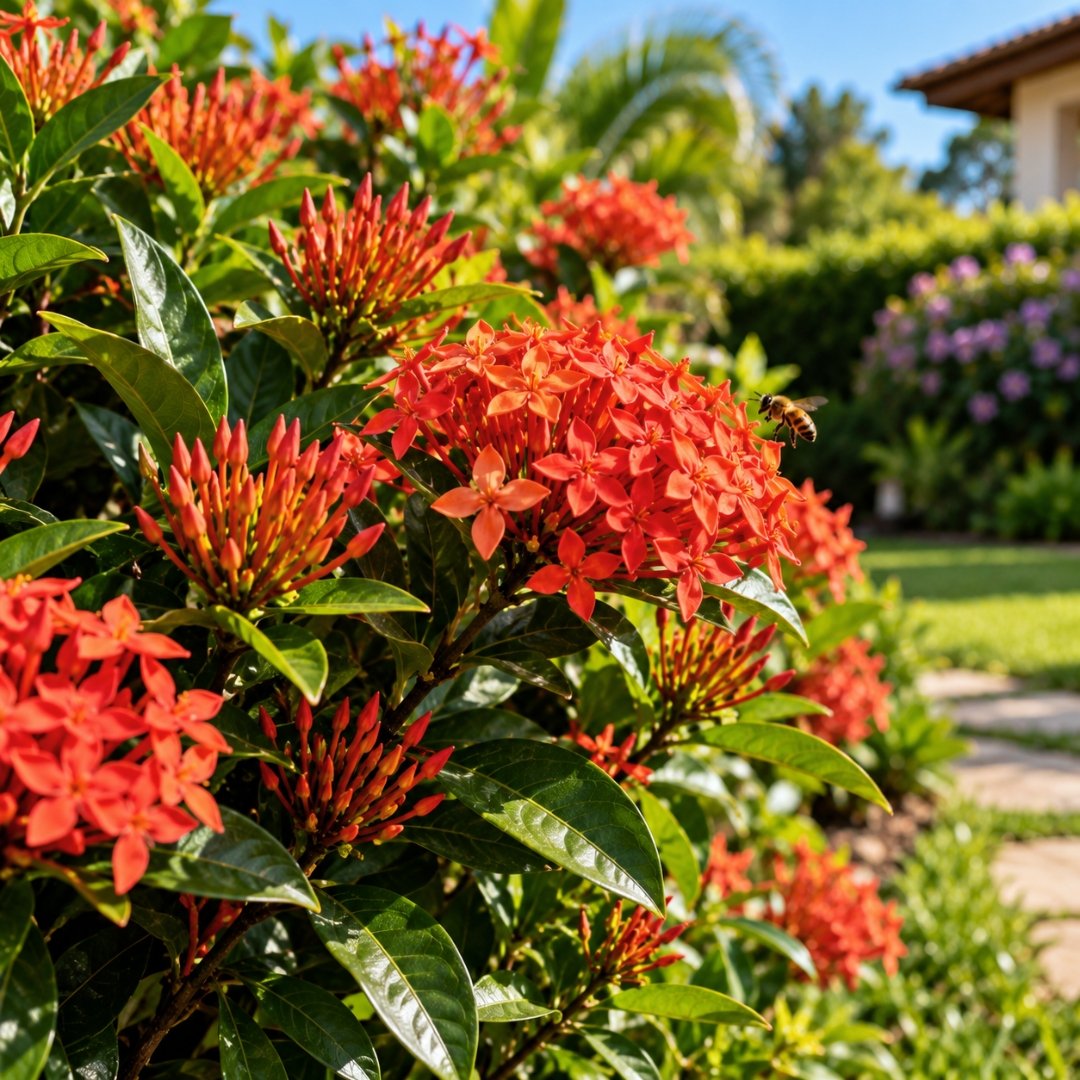 Ixora Ixora chinensis com inflorescências vermelhas e abelha em jardim ensolarado